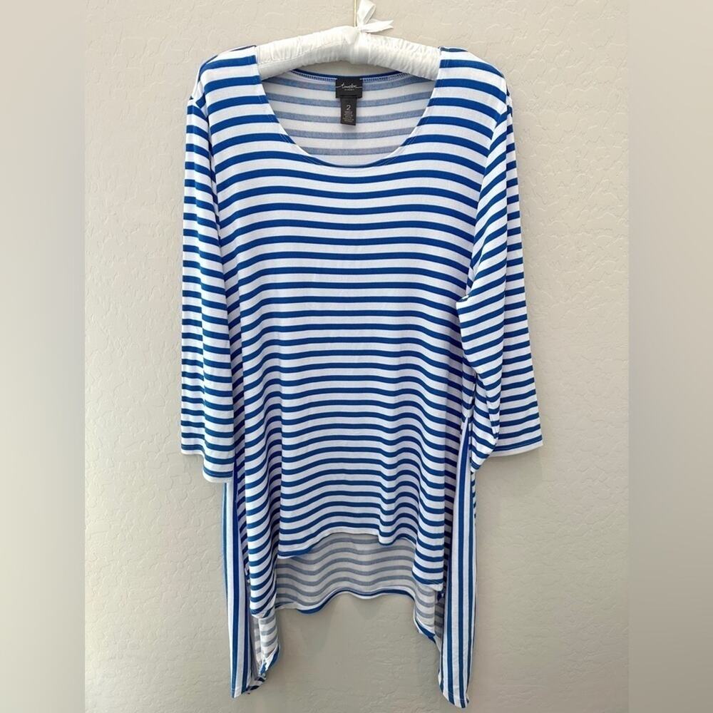CHICO’S TRAVELERS | Blue White Striped Tunic Top Asymmetrical Hem | Size 2 Large